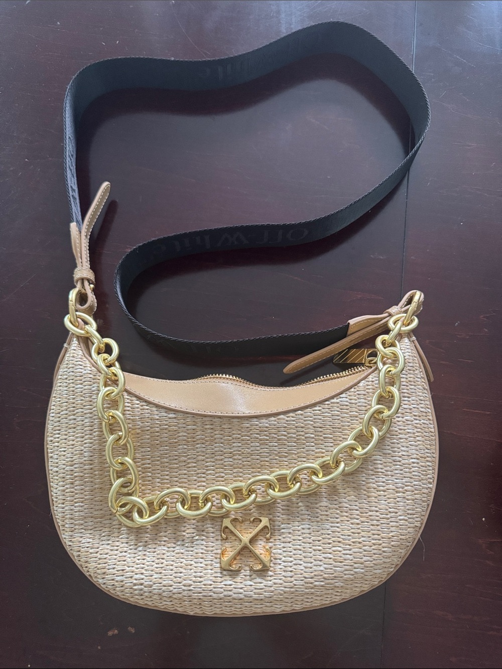 Off-White Tan Woven Shoulder Bag with Gold Chain